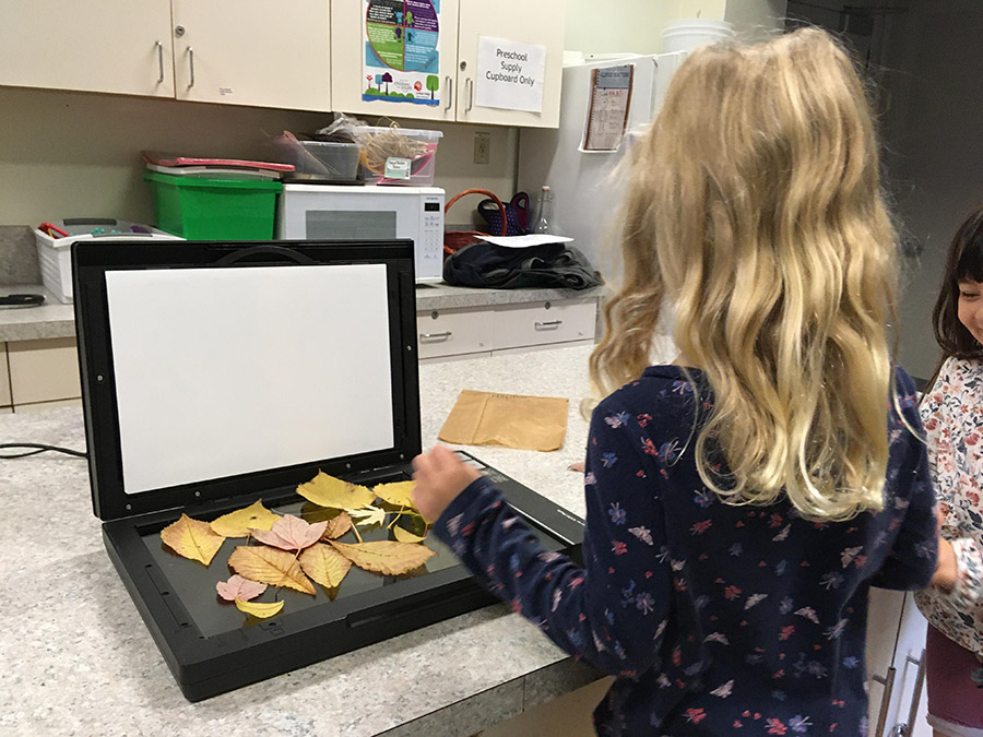 girl scanning leaves on a flatbed scanner